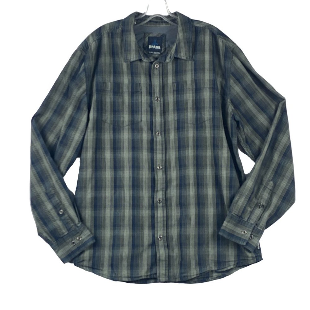 Prana Shirt Adult XL Holton Long Sleeve Button Up Green Blue Plaid Check Men‎